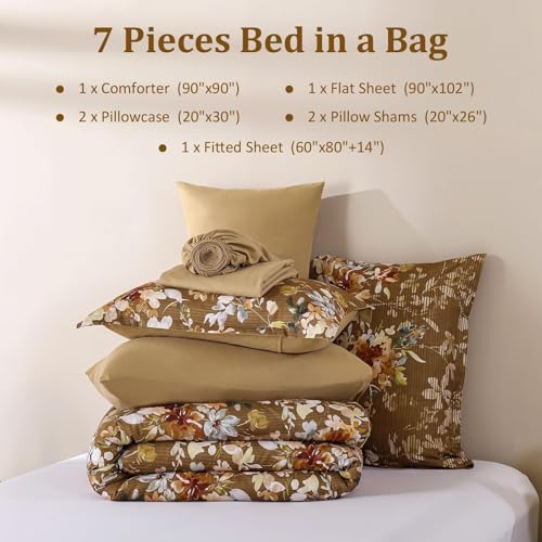 Dobuyly Brown Comforter Set Queen Size, 7 Piece Floral Bedding Comforter Set, Bed in a Bag Botanical Flower Pattern with Sheets, Pillowcases & Shams All Season Dobuyly