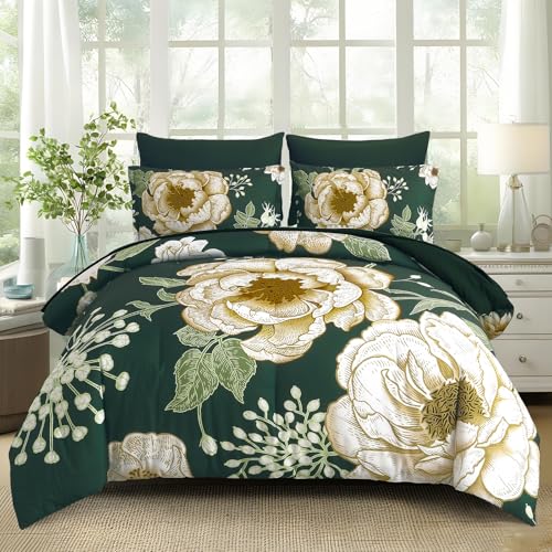 Luxudecor Floral Comforter Set Queen Size 7 Pieces Bed in a Bag,Beige Flower Print on Dark Green Bedding Set,Soft Microfiber Bedding Set for All Season (Dark Green,90"x90") Luxudecor
