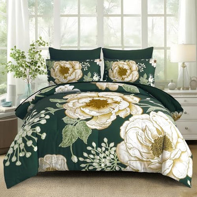 Luxudecor Floral Comforter Set Queen Size 7 Pieces Bed in a Bag,Beige Flower Print on Dark Green Bedding Set,Soft Microfiber Bedding Set for All Season (Dark Green,90"x90")
