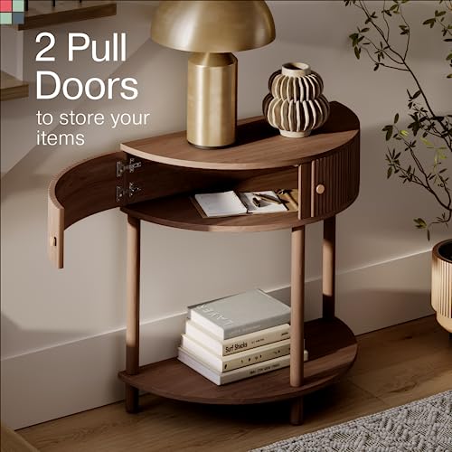 Stead Fluted Half Moon Shaped Console Table - Small Entry Desk - Living Room Furniture - Modern Home Decor - Solid Wood Entryway Table with Two Doors and Brass Knobs (Walnut) Stead