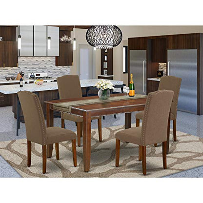 East West Furniture DUEN5-MAH-18 Dudley 5 Piece Room Furniture Set Includes a Rectangle Dining Table and 4 Dark Coffee Linen Fabric Upholstered Parson Chairs, 36x60 Inch, Mahogany - WoodArtSupply