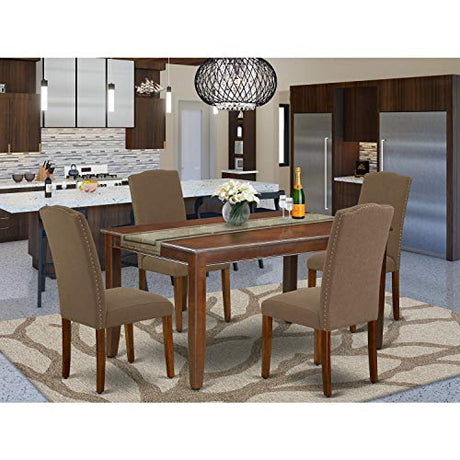 East West Furniture DUEN5-MAH-18 Dudley 5 Piece Room Furniture Set Includes a Rectangle Dining Table and 4 Dark Coffee Linen Fabric Upholstered Parson Chairs, 36x60 Inch, Mahogany East West Furniture