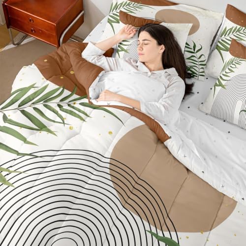 Erosebridal Boho Mid Century 7 Pcs Bedding Set Queen, Modern Bohemian Minimalist Comforter Set with Sheets, Abstract Geometric Bed in A Bag for Kids Adults, Retro Aesthetic Brown Circle Bed Sets Erosebridal