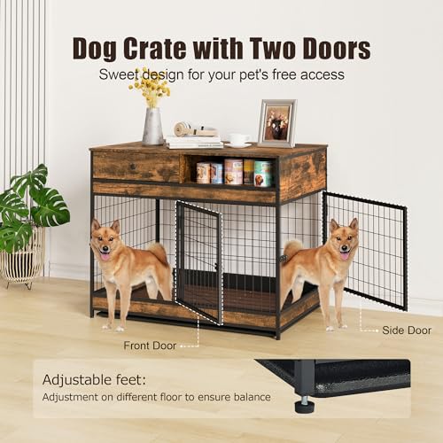 FAVOOSTY Dog Crate Furniture, 31.5 Inch Dog Kennel with Storage Drawer, Double Doors Heavy Duty Dog Cage with Removable Tray, Indoor Wooden Pet Crate for Small Medium Dogs, Rustic Brown - WoodArtSupply