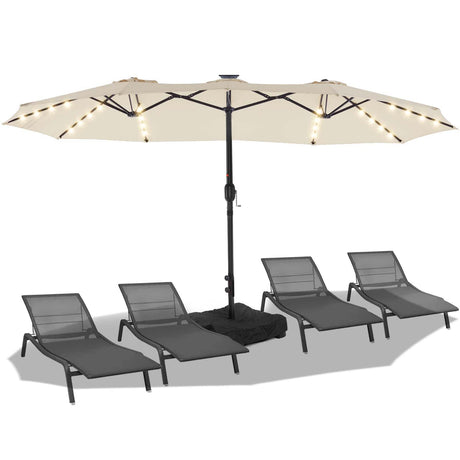 BLUU 15FT Solar LED Patio Umbrella with Base,Outdoor Double-Sided Umbrella with Crank Handle, Powerful UV Protective, for Pool Lawn Garden,Beige BLUU