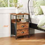 Furologee Nightstand with 2 Fabric Drawers, Night Stand with 2-Tier Shelf, Bedside Table with Hooks, Open Wooden Shelf, End Table for Bedroom, Backboard Design, Metal Frame, Rustic Brown Furologee