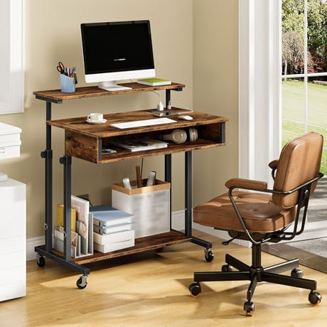 CHOEZON Computer Desk, Standing Desk on Wheels, Rolling Desk with Charging Station, Height-Adjustable Laptop Desk, for Living Room, Home Office, Rustic Brown and Black TDN08UBF CHOEZON
