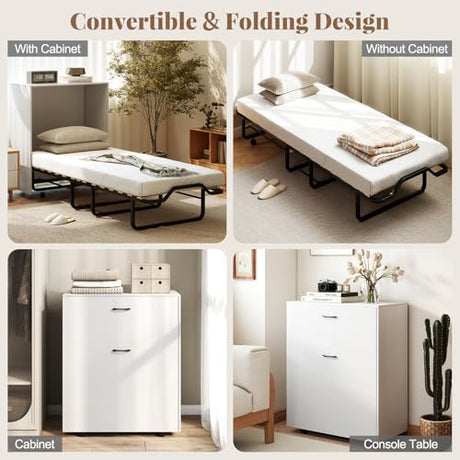 KOMFOTT Murphy Bed Cabinet, Rolling Folding Bed into Cabinet with Mattress & Lockable Wheels, Folding Bed Frame for Small Space, Roll Away Pull Out Murphy Bed for Guest Room Office (White) KOMFOTT
