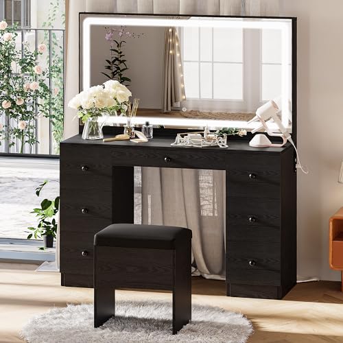 IRONCK Vanity Makeup Desk Set with LED Lighted Mirror & Power Outlet, 7 Drawers Bedroom Vanities Table with Stool,Black - WoodArtSupply