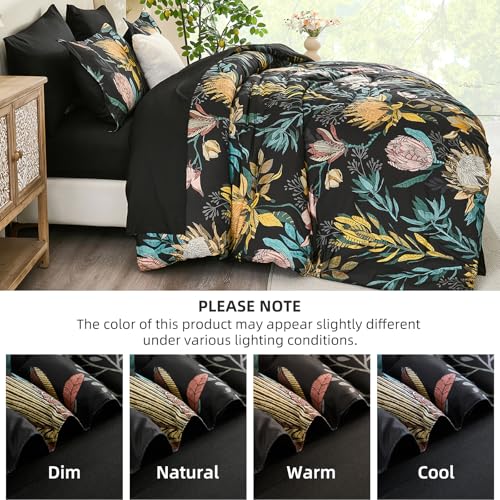 Luxudecor Queen Comforter Set 7 Pieces Bedding Sets, Black Floral Comforter and Sheet Set, Soft Microfiber Bed in a Bag for All Seasons (Black,90"x90") Luxudecor
