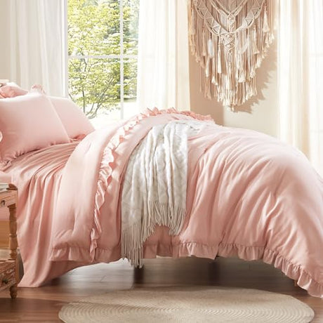 Anluoer Twin Comforter Set 5 Piece, Pink Bed in a Bag with Sheets, All Season Ruffle Shabby Chic Bedding Sets with 1 Comforter, 1 Pillow Sham, 1 Pillowcase, 1 Fitted Sheet Anluoer