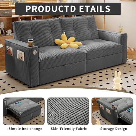 Tabaray 73.2'' Futon Sofa Bed Full, Convertible Pull Out Couch with Adjustable Backrest, Pre-Assembled Corduroy Sleeper Sofa, 2 Cup Holders & Pockets, USB, Loveseat for Living Room, Apartment, Grey Tabaray