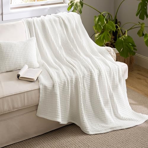 Bedsure 5 Pieces Cotton Comforter Set with Waffle Throw Blanket - Soft Breathable Bedding Set for All Seasons, Beige Queen Comforter, Pillow Shams, White 100% Cotton Blanket, Throw Pillow Bedsure