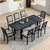 Merax 9 Pieces Dining Table Set, Rustic Extendable 84inch Dining Table Set with 24inch Removable Leaf, 6 Upholstered Armless Dining Chairs and 2 Padded Arm Chairs, Black+Gray Cushion Merax