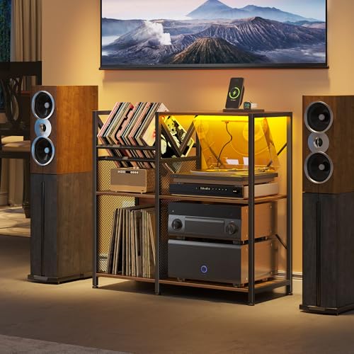 DWVO 3-Tier Vinyl Record Stand with Power Outlets & RGB LED Lights – Holds 300+ Albums, Sturdy Metal Frame Turntable Table for Living Room, Walnut Finish Media Storage Cabinet DWVO