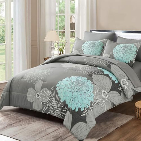 Yiran California King Comforter Set Grey Floral Comforter for All Season Cal King Soft Microfiber Bedding Set,7 Pieces,104"x96" Yiran