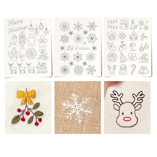 Stick and Stitch Embroidery Patterns, Holiday/Snowflake Designs, Water Soluble Embroidery Stabilizer Transfer Paper, Adult Beginner Hand Embroidery Kit for Gifts (Holiday 3 Pages)