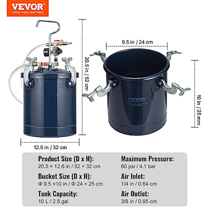 VEVOR Spray Paint Pressure Pot Tank, 10L/2.5gal Air Paint Pressure Pot, 1.5mm+4mm Two Nozzles Two Spray Paint Guns for Industry Home Decor Architecture Construction Automotive Painting, 60PSI - WoodArtSupply