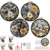 LB 4 Pack Yellow Bee Floral Embroidery Kit for Beginners Green Plant Beginner Embroidery Kit for Adults DIY Starter Kit with Embroidery Hoop Colorful Threads Tools Step by Step Instructions