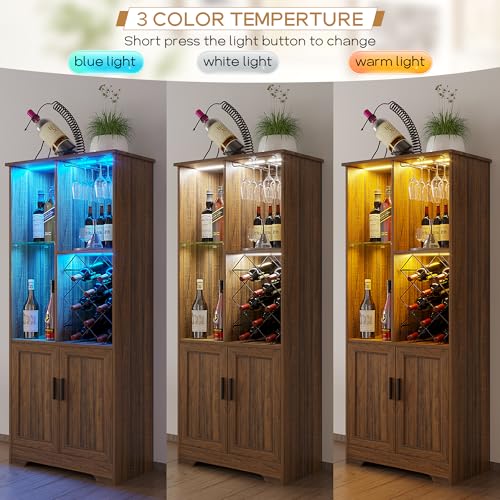 Kasibie Wine Cabinet, Wine Bar Cabinet with LED Lights, Liquor Cabinet with Glass Holder Wine Rack, Farmhouse Modern Liquor Cabinet with Storage for Home (Brown) Kasibie