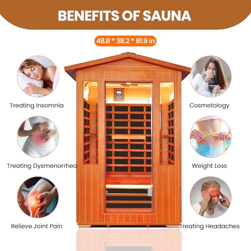Outdoor Sauna 2 Person Sauna Infrared Saunas Dry Sauna Room 2080W/110V Low EMF Outer Board Red Cedar/Inner Board Fir Wood, Oxygen Bar, Speaker, LCD Control Screen, LED Lights - 48.8*38.2*81.9 in HOSAUNA