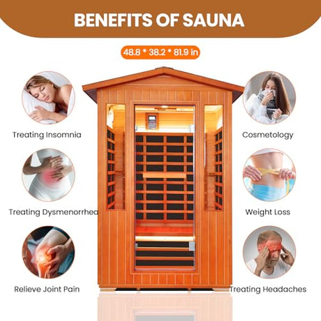 Outdoor Sauna 2 Person Sauna Infrared Saunas Dry Sauna Room 2080W/110V Low EMF Outer Board Red Cedar/Inner Board Fir Wood, Oxygen Bar, Speaker, LCD Control Screen, LED Lights - 48.8*38.2*81.9 in HOSAUNA