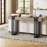 Curlaky 63" Long Console Table for Entryway - Behind Couch Table for Living Room, Wood Sofa Tables with Black Parallel Metal Frame & Power Outlet for Hallway, Entrance, Narrow Foyer, Light Walnut Curlaky