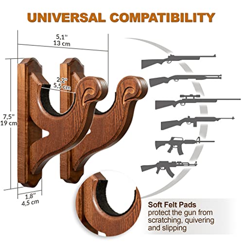 TESLYAR Gun Rack Wall Mount Hold Up Displays Horizontal Gun Rack and Shotgun Hooks Store Rifle Shotgun Bow Real Hardwood Hanger Brown TESLYAR