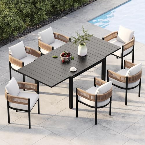 Grand patio 7-Piece Outdoor Dining Set for 6 with 1 Rectangle Expandable Table for 4-6 Person, Metal Woven Wicker Fixed Patio Chairs with Thickened Cushions for Yard, Poolside, Deck (Natural) Grand patio