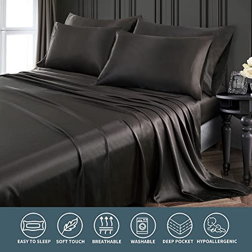 P Pothuiny 6 Pieces Full Satin Sheets Luxury Silky Black Satin Bedding Sheet Set, 1 Deep Pocket Fitted Sheet + 1 Flat Sheet + 4 Pillow Cases P Pothuiny