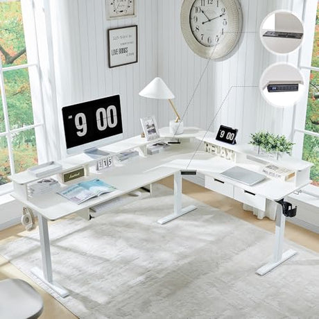 RedLemon 75X60 Inches L Shaped Electric Standing Desk, Height Adjustable Corner Gaming Desk with Drawers, Keyboard Tray, Power Outlets & LED Lights, Computer Desk with Monitor Shelf, Antique White RedLemon