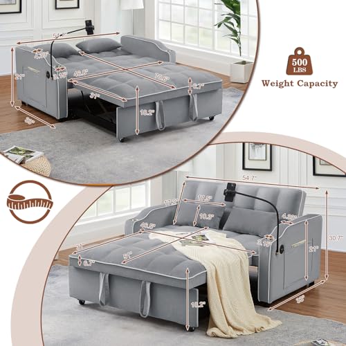 Pull Out Sofa Bed with Phone Holder, Convertible Velvet Loveseat Sleeper with 2 USB Charging Ports, Modern Futon Couch with Cup Holders and Adjustable Backrest, Love Seat for Living Room, Light Grey