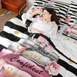 Erosebridal Pink Fashion Comforter Set with Sheets Full for Girls Girly Modern Inspirational Quotes Women Abstract Black White Stripes Bed in a Bag Books Floral Perfume Makeup 7 Piece Bedding Set Erosebridal