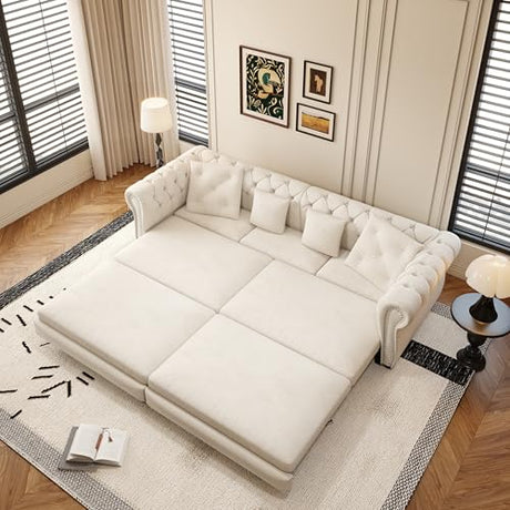 LuxyHoom 89" King Pull Out Sofa Bed, Velvet Chesterfield Sleeper Sofa Couch, 3 in 1 Convertible Tufted Futon Couches with Ottoman for Living Room, Small Space, Apartment, Bedroom, Office, Beige LuxyHoom