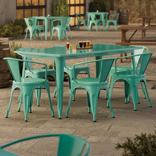 Glownary Outdoor Dining Set, Aquamarine Steel Table with 6 Arm Chairs, 63x31.5 Inch Rectangle, Stackable Chairs, Indoor Outdoor Use Glownary