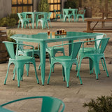 Glownary Outdoor Dining Set, Aquamarine Steel Table with 6 Arm Chairs, 63x31.5 Inch Rectangle, Stackable Chairs, Indoor Outdoor Use Glownary