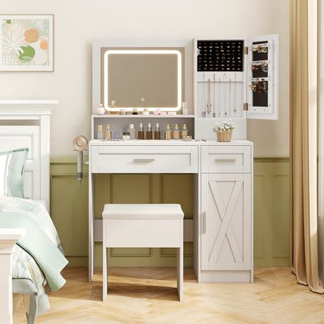 LOKO Farmhouse Vanity Set with Mirror & Lights, Dressing Table and Chair Set with 3 Lighting Modes & Adjustable Brightness, Charging Station & Hair Dryer Holder, Jewelry Cabinet, for Bedroom LOKO