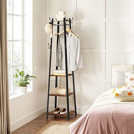 VASAGLE ALINRU Coat Rack with 3 Shelves, Stand with Hooks for Scarves, Bags and Umbrellas, Steel Frame, Industrial Style, Rustic Brown and Black ULCR80X VASAGLE