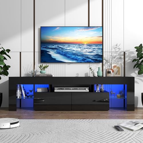 Vinctik 6&Fox 70in LED TV Stand for 75/80/85 inch TV,Modern Black TV Stands for Living Room,High Gloss TV Entertainment Center with 2 Large Storage Drawer,APP RGB Light,TV Console(71in Black) - WoodArtSupply