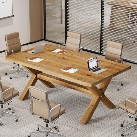 TRIBEWOOD 5.25 FT Solid Wood Conference Table for 4-6 People, Rectangle Meeting Seminar Table with Large Tabletop, Reinforced X-Shaped Legs and Crossbeams for Office Conference Room, Natural Wood TRIBEWOOD