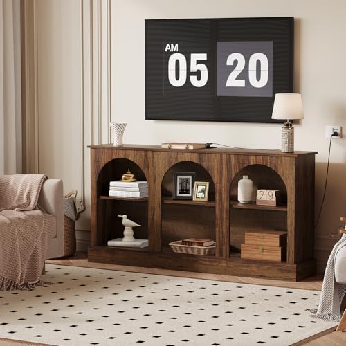 GarveeLife 63" Mid Century Modern TV Stand, Modern Console Table with Charging Station for Entryway Living Room, Modern Entertainment Center 3-Tier Rustic Brown Media Console for TV Up to 65 70 Inch GarveeLife