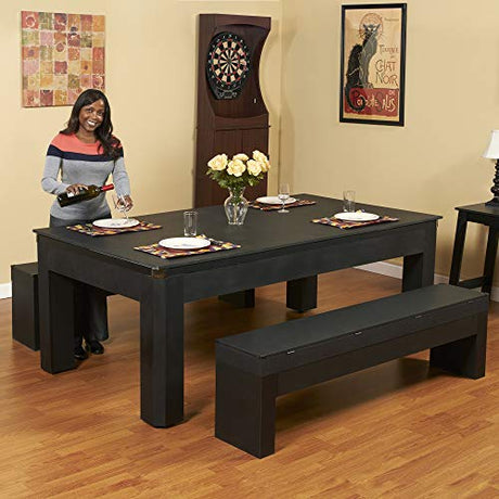 Hathaway Park Avenue 7 Ft Multi Game Pool Table Combo with Dining Top and Ping Pong – Includes Set of Benches for Home Storage and Accessories – Red & Black Finish Hathaway