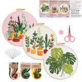 Konrisa Embroidery Kits for Adults Beginner, European Style Garden Plant Green Leaf Stamped Embroidery Starter Kit,DIY Sewing Practice, Needlepoint Cross Stitch Kit,Set of 3
