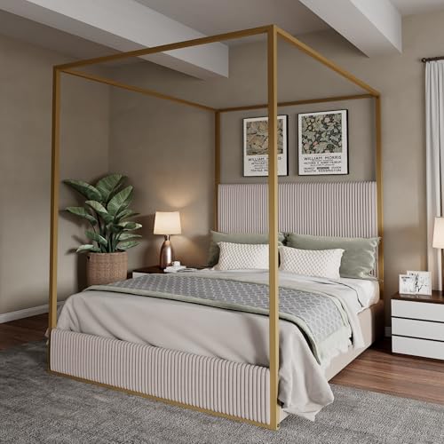 Merax Modern Luxury King Metal Canopy Bed with Tall Upholstered Headboard, Gold Four Poster Bed, No Box Spring Needed, Beige