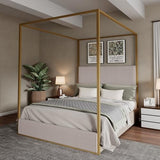 Merax Modern Luxury King Metal Canopy Bed with Tall Upholstered Headboard, Gold Four Poster Bed, No Box Spring Needed, Beige