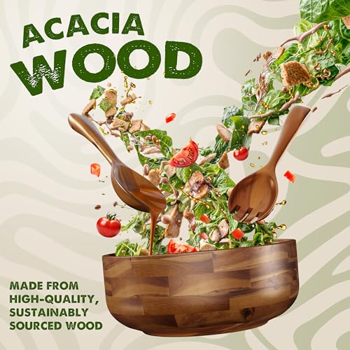 Tidita 12" Salad Bowl Set with 2 Wooden Hands - Large Acacia Wood Serving Bowl with Serving Utensils - Big Mixing Bowl for Fruits, Salad,Pasta for Kitchen Counter (12" Diameter x 4.5" Height) - WoodArtSupply