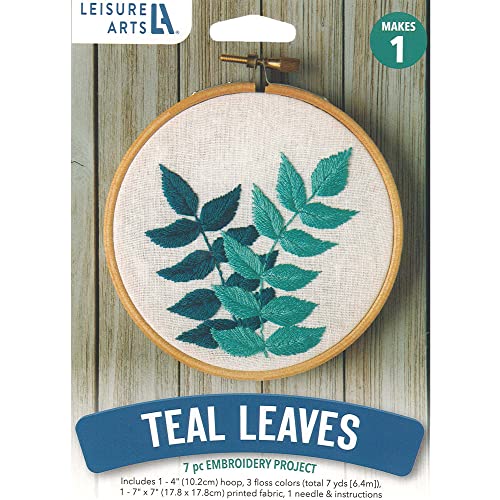 Leisure Arts Embroidery Kit 4" Teal Leaves - cross stitch kits for beginners - embroidery kit for beginners - embroidery kits for adults - embroidery kits for adults