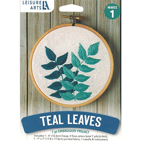 Leisure Arts Embroidery Kit 4" Teal Leaves - cross stitch kits for beginners - embroidery kit for beginners - embroidery kits for adults - embroidery kits for adults LEISURE ARTS