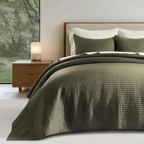 EVERGRACEHOME Cotton Sateen Quilt Set King Size, Pre-Washed Cotton Channel Stitch Coverlet Bedspread, 3 Pieces Lightweight Soft Bedding Sets for All Season, with 2 Pillow Shams, Olive Green EVERGRACEHOME