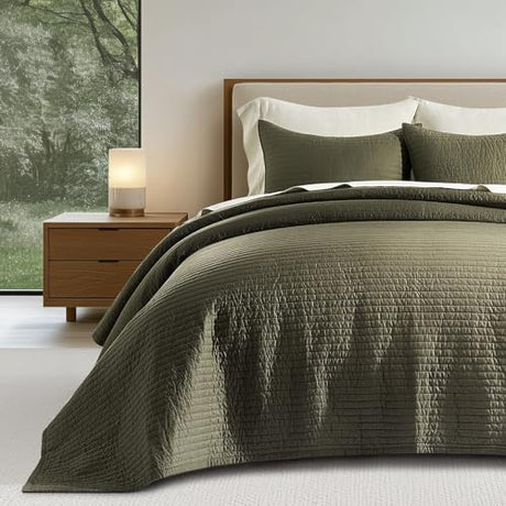 EVERGRACEHOME Cotton Sateen Quilt Set King Size, Pre-Washed Cotton Channel Stitch Coverlet Bedspread, 3 Pieces Lightweight Soft Bedding Sets for All Season, with 2 Pillow Shams, Olive Green EVERGRACEHOME